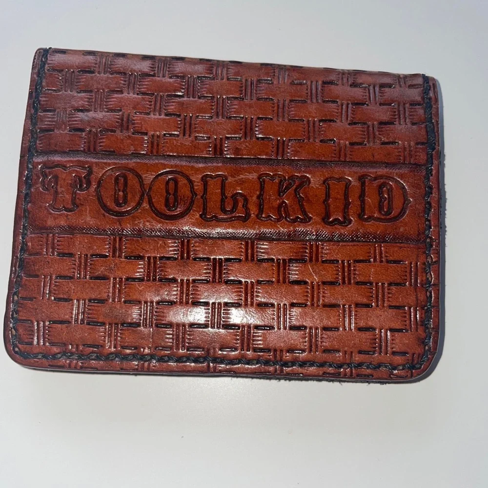 Handmade Vintage Brown Genuine Leather Wallet Bifold Animal Engraving USA VTG